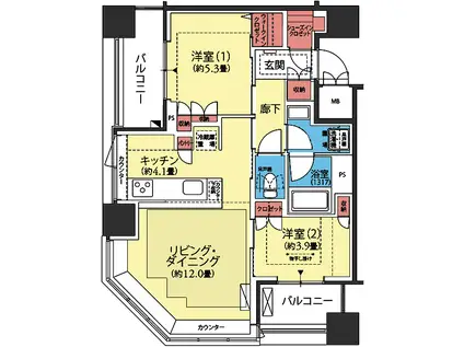 フロール横濱関内(2LDK/13階)の間取り写真