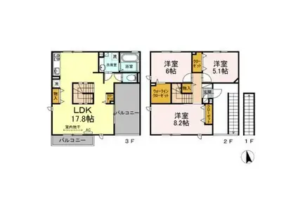 アンジェリーク新開 B棟(3LDK/2階)の間取り写真