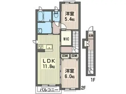 ボンヌ・リヴィエール(2LDK/2階)の間取り写真