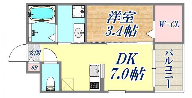 ワコーレヴィータ春日野道(1DK/1階)の間取り写真