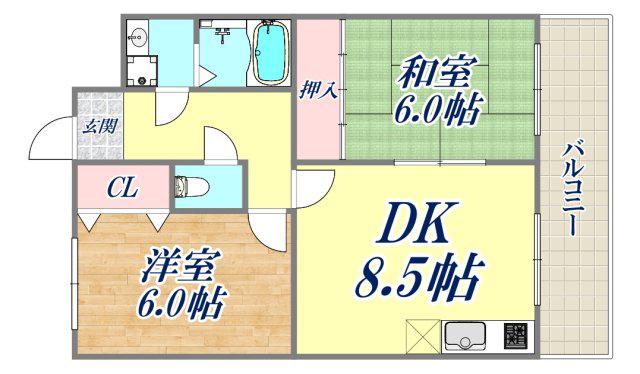 ロードハイツ甲東園(2DK/2階)の間取り写真