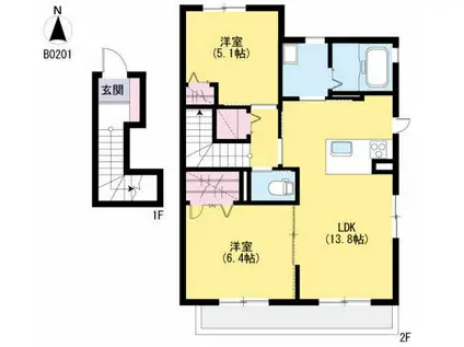 シャーメゾン見晴台B(2LDK/2階)の間取り写真