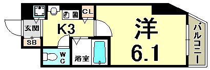 ロイヤルヒル神戸三ノ宮II(1K/3階)の間取り写真