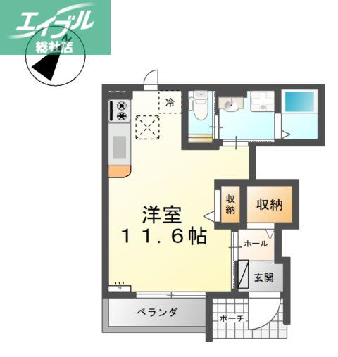 リジエール B棟(ワンルーム/1階)の間取り写真