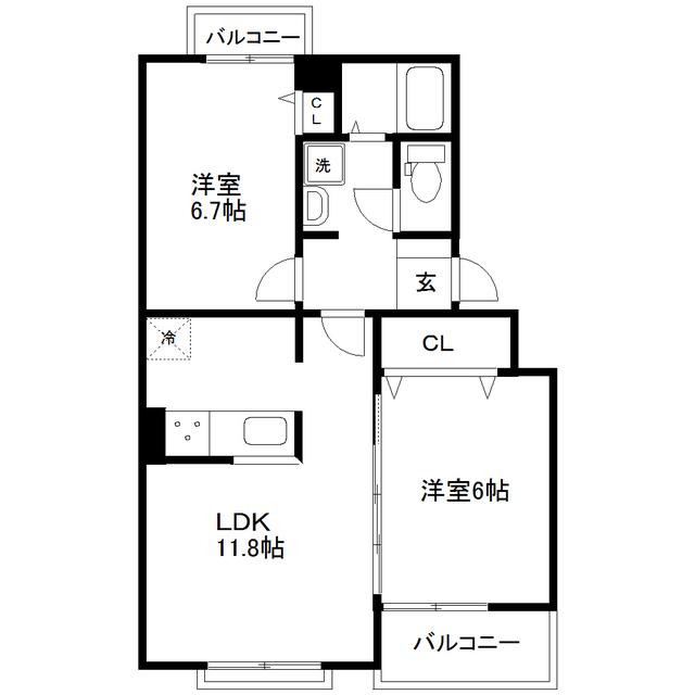アフィニティ壱番館B(2LDK/2階)の間取り写真