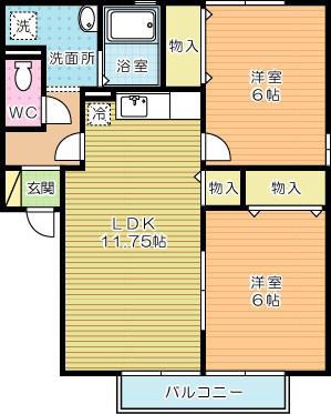 サニーフラット若園B棟(2LDK/2階)の間取り写真
