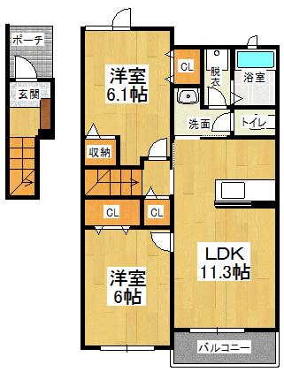 ボヌール旭野(2LDK/2階)の間取り写真