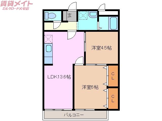 三滝ハイツ(2LDK/2階)の間取り写真