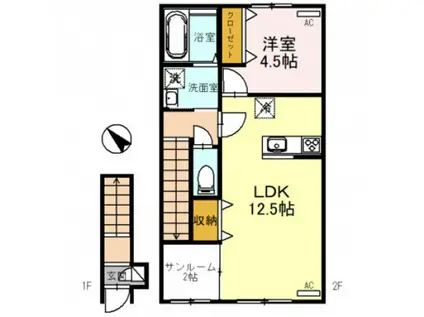 カルムコート 東棟(1LDK/2階)の間取り写真