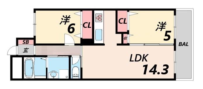 ブルー・エス(2LDK/9階)の間取り写真