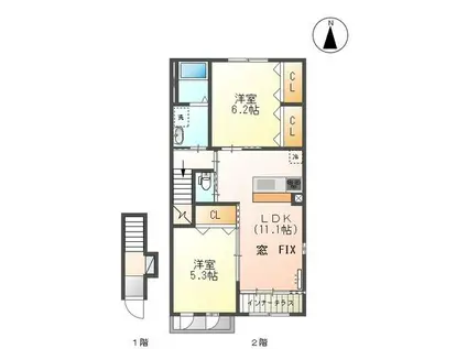 ヴィラージュ壱番館(2LDK/2階)の間取り写真