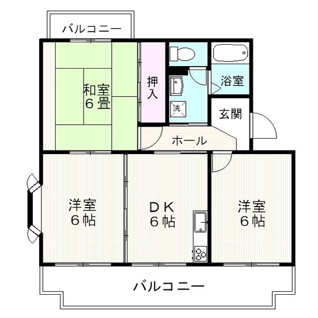 ヴィラ長者町(3DK/2階)の間取り写真
