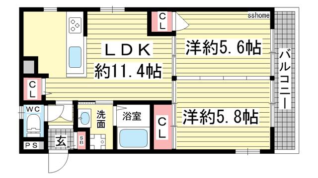 ロイヤルメゾン六甲V(2LDK/3階)の間取り写真