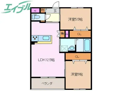 シュクル(2LDK/2階)の間取り写真