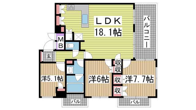 ライオンズマンション神戸栄町通(3LDK/12階)の間取り写真