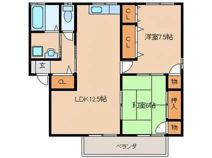 ヴィルヌーブ東櫛原(2LDK/1階)の間取り写真