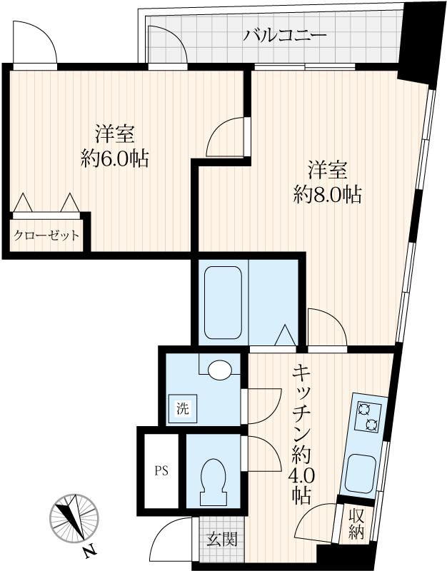 アルコーブマンション(2K/2階)の間取り写真