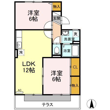 ヴィルヌーブB棟(2LDK/1階)の間取り写真