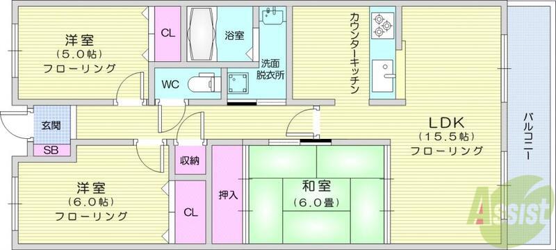 ラスティコート南仙台(3LDK/7階)の間取り写真