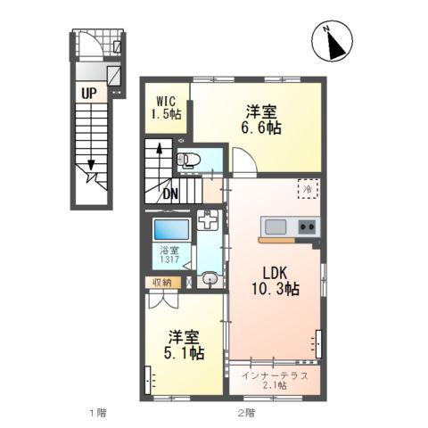 ウィルヴィレッジ弐番館(2LDK/2階)の間取り写真