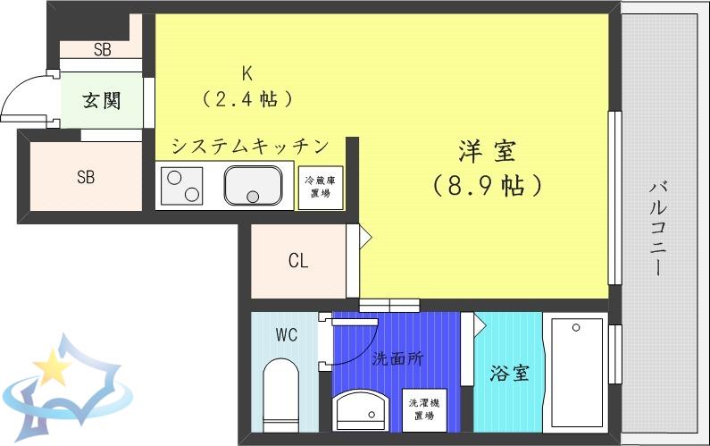 ラフィネタワー札幌南3条(1K/9階)の間取り写真