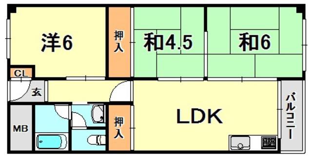 夢野ハイタウン1号棟(3LDK/5階)の間取り写真