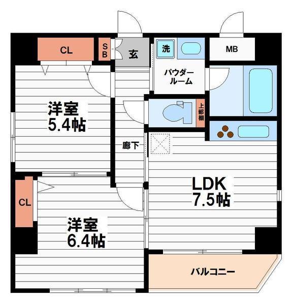 レジデンスJUKO天王寺(2LDK/6階)の間取り写真