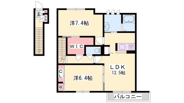 アヴェニーレ曽根(2LDK/2階)の間取り写真