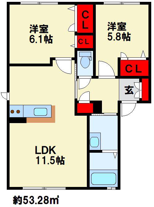 ヴィラシャーメゾン行橋 テルツォ(2LDK/2階)の間取り写真