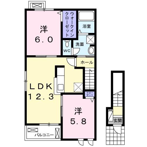 マロン・リジェール川内 B(2LDK/2階)の間取り写真
