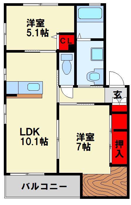 ディアス馬場山A(2LDK/1階)の間取り写真