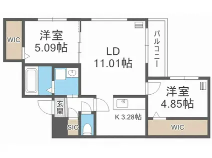 シャトーライフ厚別1(2LDK/4階)の間取り写真
