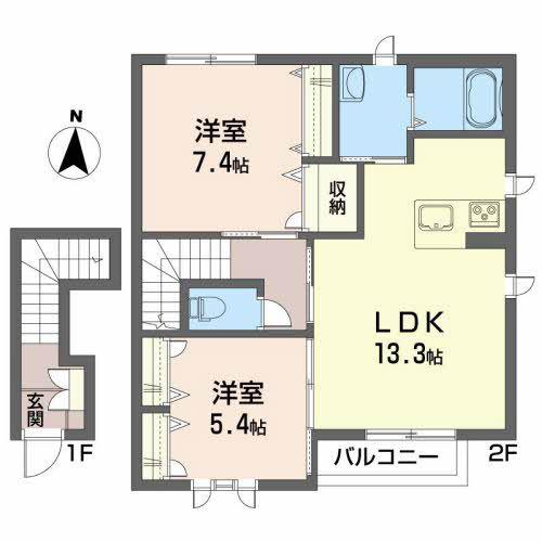 シャーメゾン南仙北B(2LDK/2階)の間取り写真
