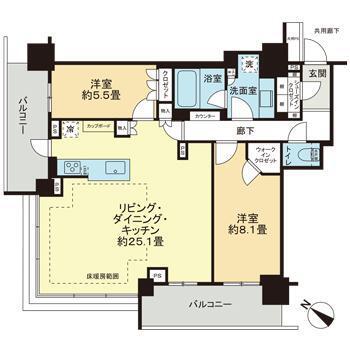BRILLIATOWER西新(2LDK/20階)の間取り写真