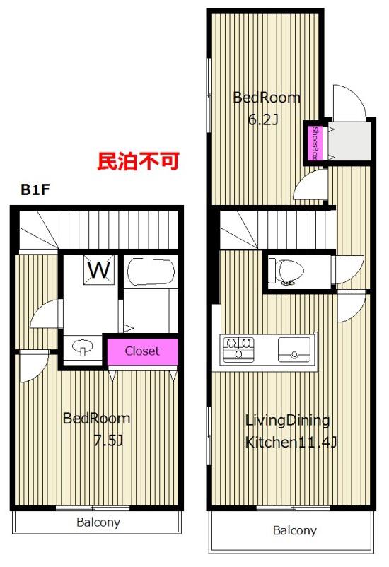 礼ゼロ 2面採光 メゾネット LAPIS西新宿五丁目 W(2LDK/1階)の間取り写真