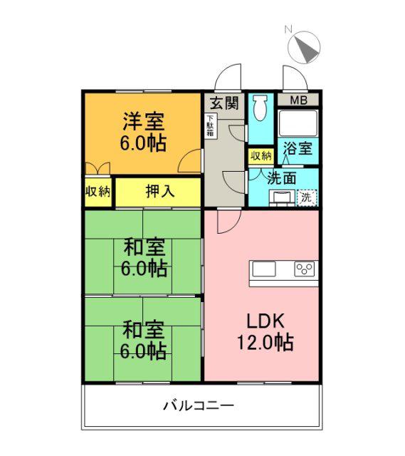 カンファタブルタガワII(3LDK/2階)の間取り写真