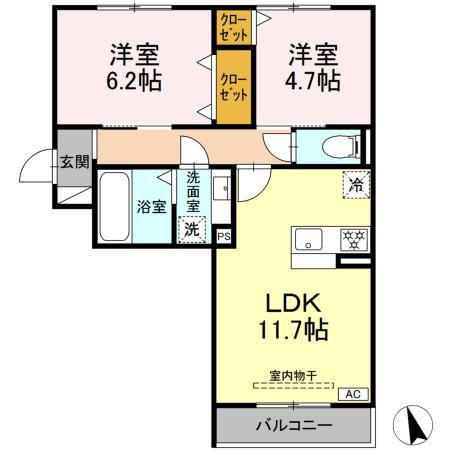 D-ROOM蘇原村雨町B棟(2LDK/2階)の間取り写真