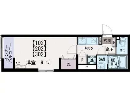 イクシオ東保木間(1LDK/1階)の間取り写真