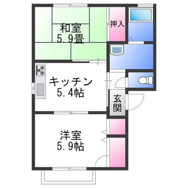 花水木タウンD棟(2K/1階)の間取り写真