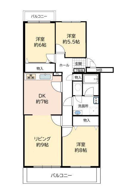 厚木リバーサイド2号棟(3LDK/5階)の間取り写真
