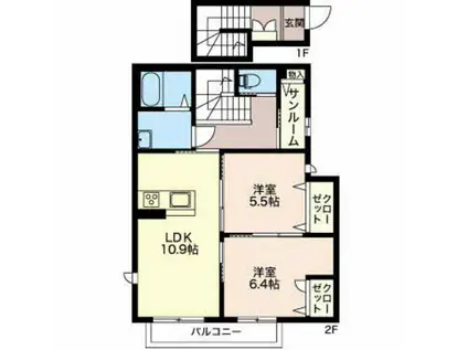 富山地鉄不二越上滝 朝菜町駅 徒歩16分 2階建 築9年(2LDK/2階)の間取り写真