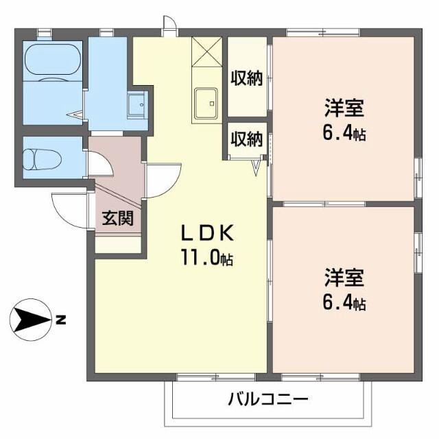 ウィンディーKUSU A棟(2LDK/2階)の間取り写真