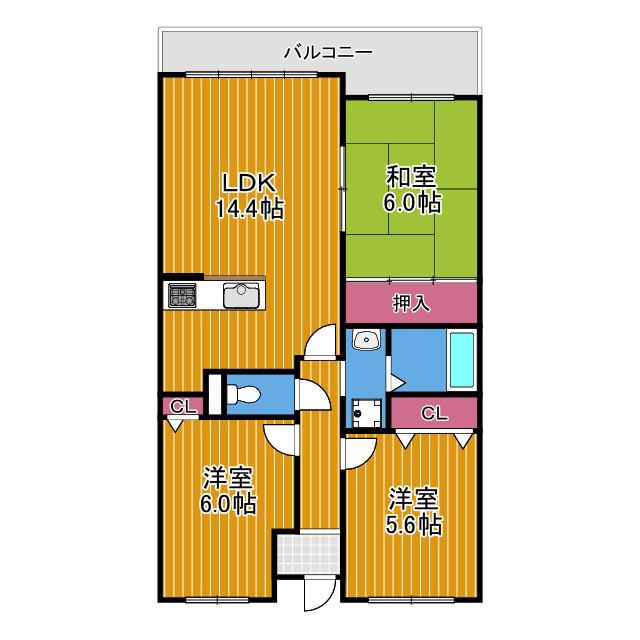 グランパス富田林(3LDK/1階)の間取り写真