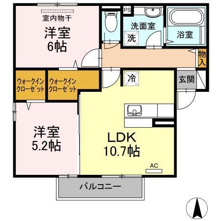 フェリーチェB棟(2LDK/2階)の間取り写真