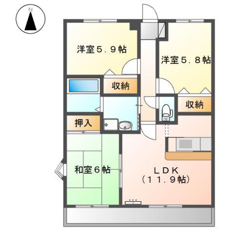 ヒルズ牧の池(3LDK/2階)の間取り写真