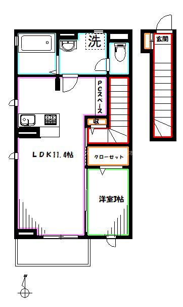 サン・ルミエール B(1LDK/2階)の間取り写真