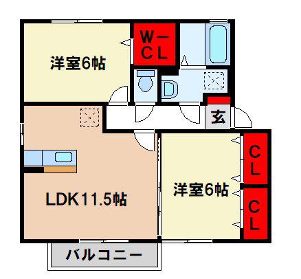 エテルノストラーダ塔原西D棟(2LDK/2階)の間取り写真