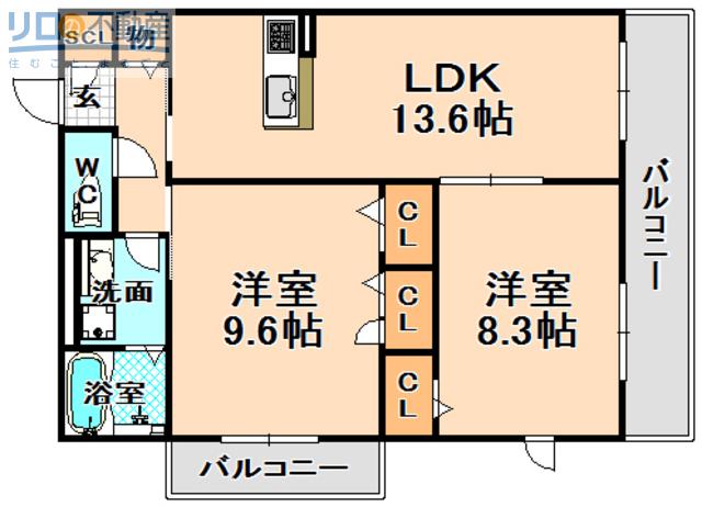 イデアーレ伊丹(2LDK/2階)の間取り写真