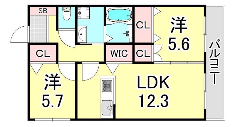 リゼ西宮仁川(2LDK/3階)の間取り写真