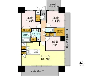 ロイヤルパークスERささしま イースト(3LDK/14階)の間取り写真